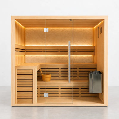 Indoor Traditional Sauna Built for Home Wellness, Nordic Aspen Interior, 7.5kW Heater, Tempered Glass