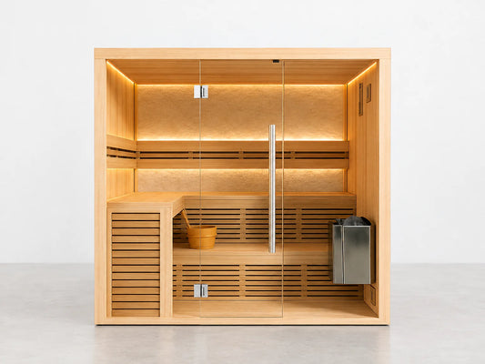 Indoor Traditional Sauna Built for Home Wellness, Nordic Aspen Interior, 7.5kW Heater, Tempered Glass